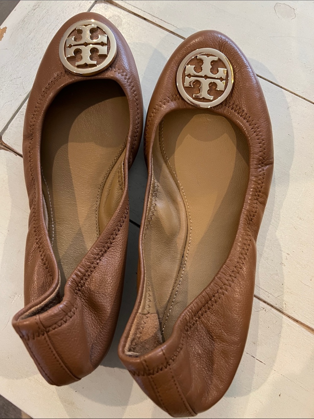 Tory Burch Tan Brown Leather Logo Ballet Flats